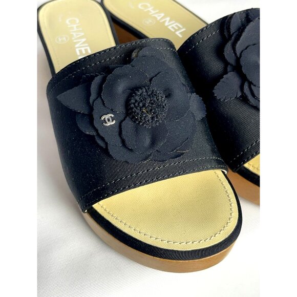 CHANEL CC 2015 Interlocking CC Logo Slides Shoes Sandals Wood +Box Sz 38 US 7.5 - Picture 3 of 16